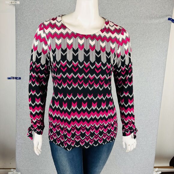 Susan Graver Womans Sz Large Blouse Black Long Tie Sleeve Stretch Abstract - Picture 3 of 11